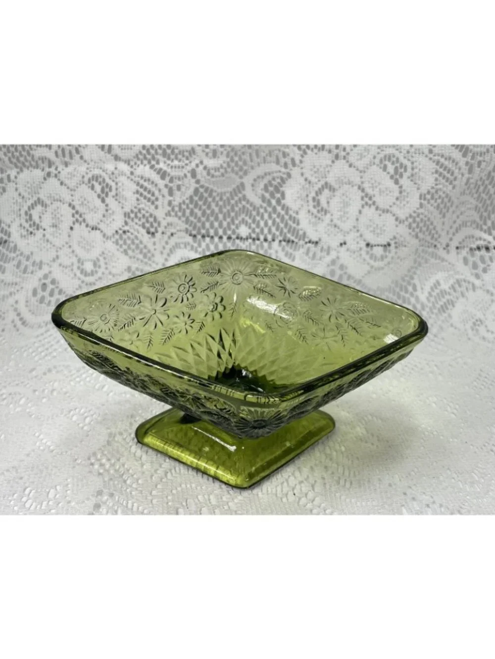 Vintage Green Indiana Glass Daisy Floral Candy Dish, Diamond Shaped Dish